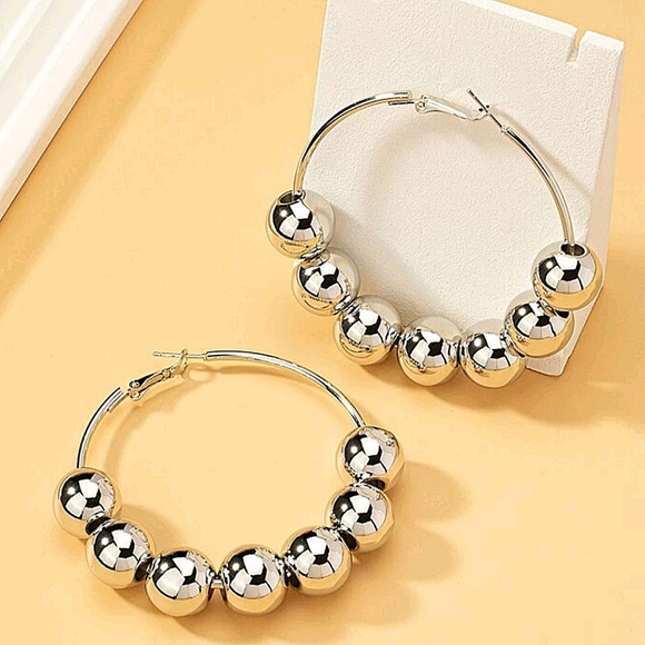 Handmade Sterling Silver Hoop Ball Statement Earrings - Picture 4 of 5